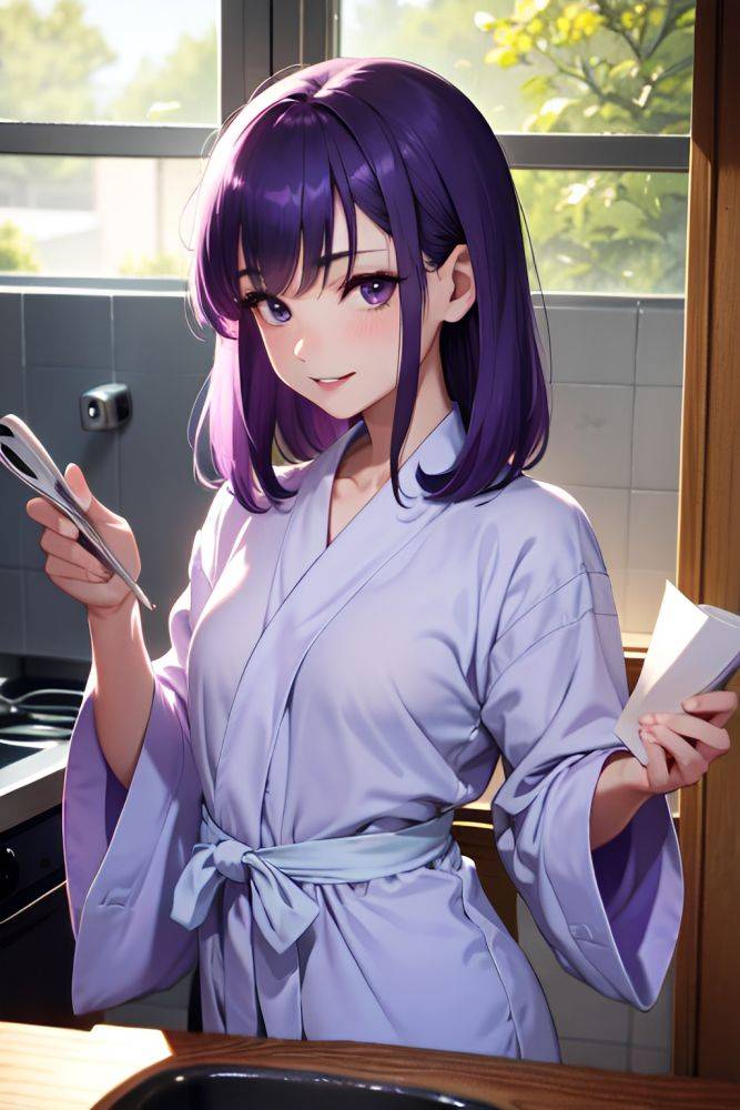 Anime Skinny Small Tits 50s Age Happy Face Purple Hair Bangs Hair Style Light Skin Illustration Prison Close Up View Cooking Bathrobe 3697724609519586404 - AI Hentai - #main