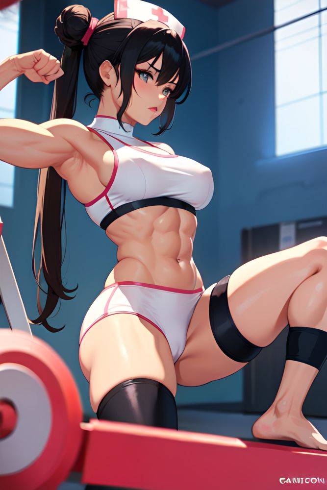 Anime Muscular Small Tits 80s Age Seductive Face Black Hair Hair Bun Hair Style Light Skin Illustration Gym Front View Working Out Nurse 3697759398762611478 - AI Hentai - #main