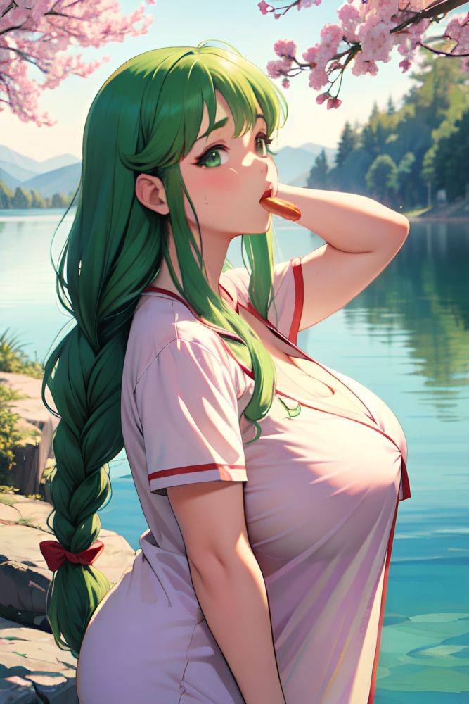 Anime Chubby Huge Boobs 80s Age Shocked Face Green Hair Braided Hair Style Light Skin Watercolor Lake Side View Eating Pajamas 3697790322527367488 - AI Hentai - #main