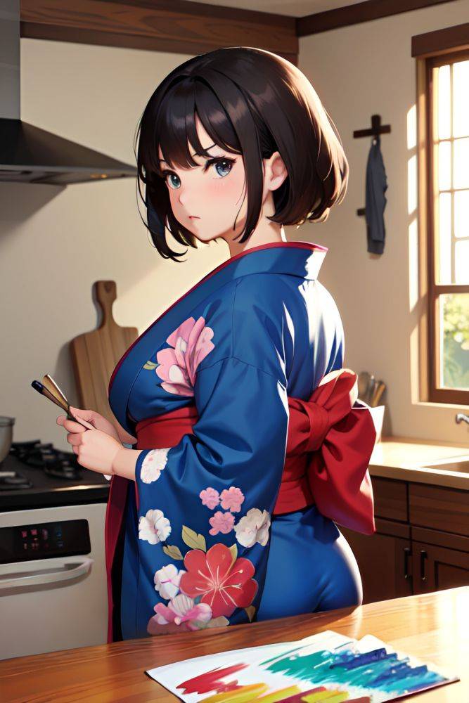 Anime Chubby Small Tits 60s Age Serious Face Brunette Pixie Hair Style Light Skin Painting Kitchen Back View On Back Kimono 3697798053468561516 - AI Hentai - #main