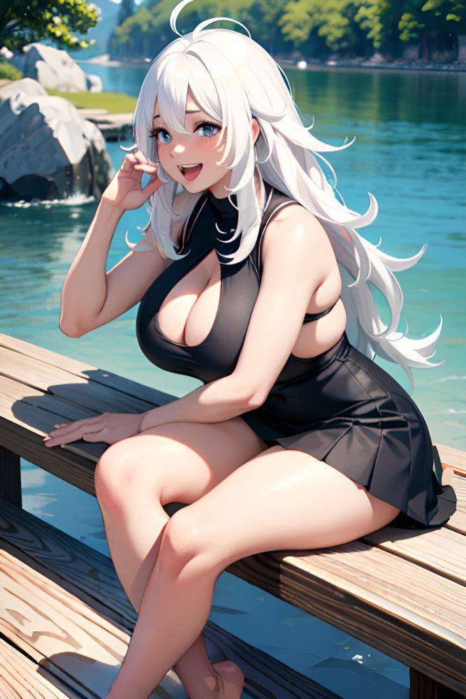 Anime Busty Huge Boobs 30s Age Laughing Face White Hair Messy Hair Style Dark Skin Black And White Lake Side View Plank Mini Skirt 3697979730586458691 - AI Hentai - #main