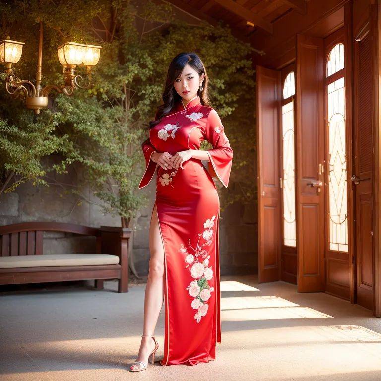 woman,twenties,(RAW photo, best quality, masterpiece:1.1), (realistic, photo-realistic:1.2), ultra-detailed, ultra high res, physically-based rendering,huge breasts,(silk),qipao, chinese clothes,standing,in front of - #main