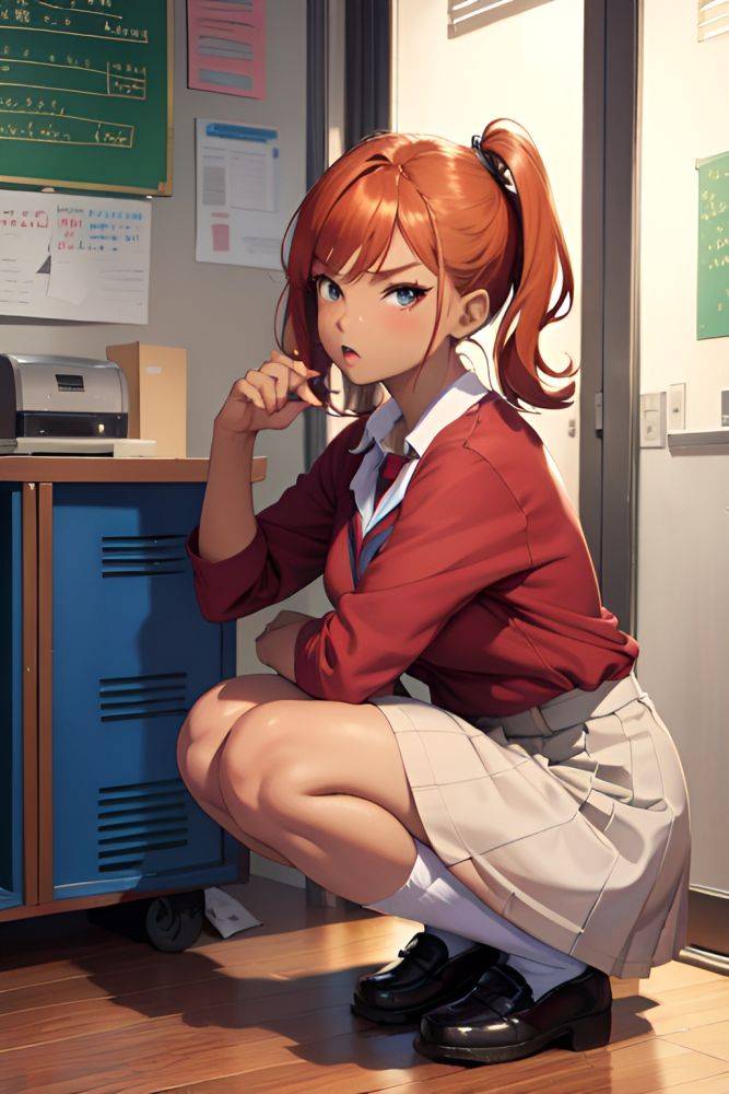 Anime Busty Small Tits 60s Age Angry Face Ginger Pixie Hair Style Dark Skin Illustration Locker Room Front View Squatting Schoolgirl 3698211658822071290 - AI Hentai - #main