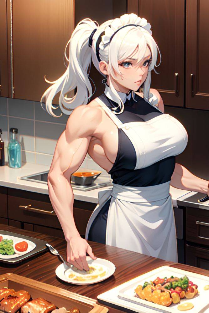 Anime Muscular Huge Boobs 70s Age Seductive Face White Hair Pigtails Hair Style Light Skin Watercolor Bar Back View Cooking Maid 3698219389330391017 - AI Hentai - #main