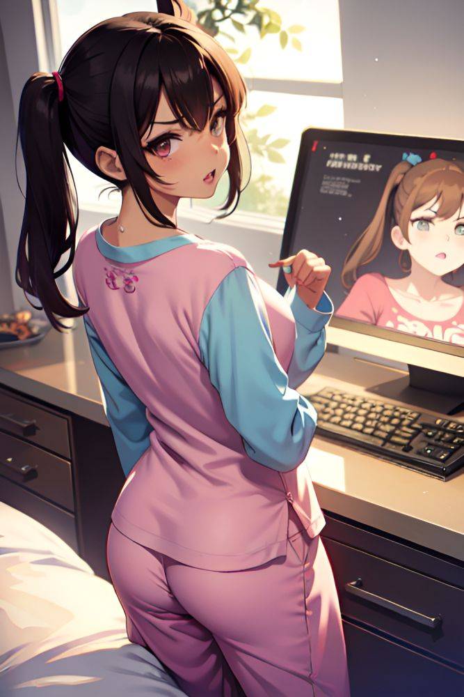 Anime Busty Small Tits 60s Age Angry Face Brunette Pigtails Hair Style Dark Skin Soft Anime Moon Back View Gaming Pajamas 3698439719960239699 - AI Hentai - #main