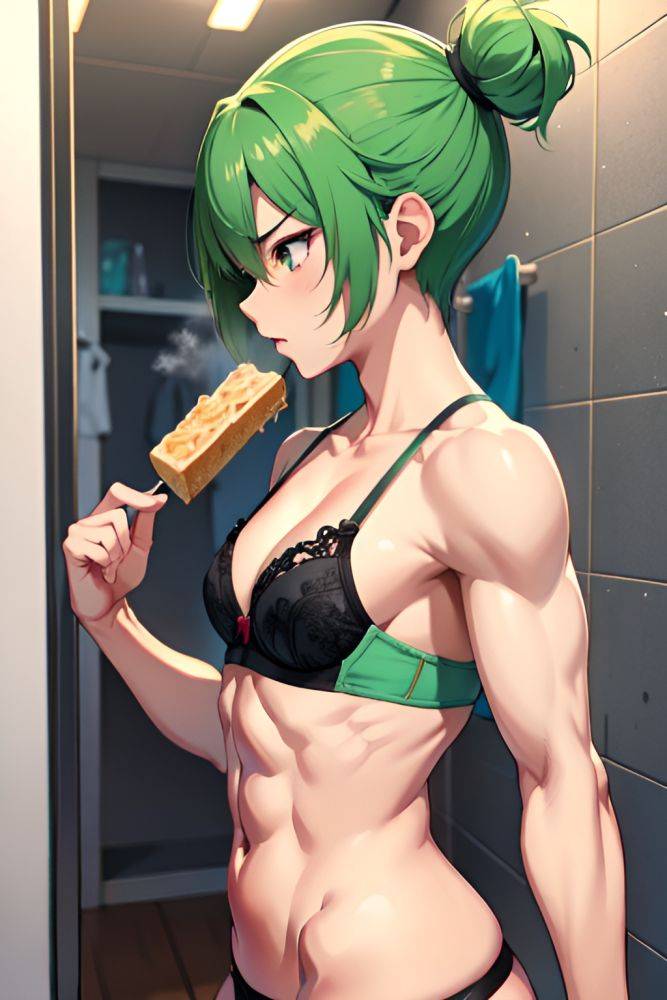 Anime Muscular Small Tits 18 Age Angry Face Green Hair Pixie Hair Style Light Skin Crisp Anime Changing Room Side View Eating Bra 3698609801871295050 - AI Hentai - #main