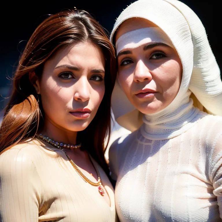 , Arabs,(2women:2),aging,(RAW photo, best quality, masterpiece:1.1), (realistic, photo-realistic:1.2), ultra-detailed, ultra high res, physically-based rendering,long hair,straight hair,blonde hair,brown eyes,beautiful,angry,(adult:1.5) - #main