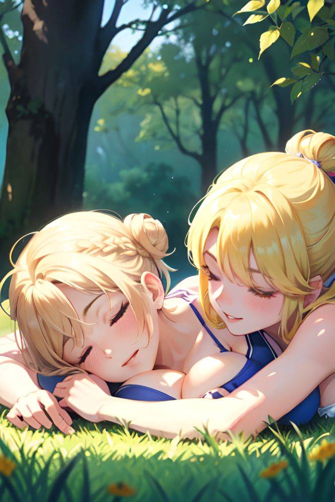 Anime Skinny Huge Boobs 60s Age Happy Face Blonde Hair Bun Hair Style Light Skin Watercolor Meadow Close Up View Sleeping Bikini 3698621397078210205 - AI Hentai - #main