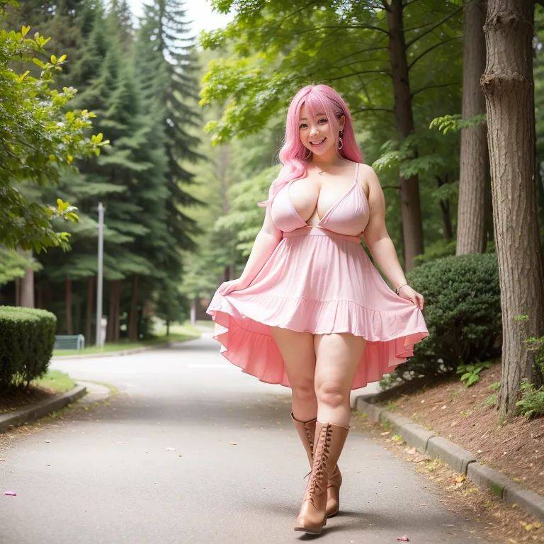 hkgirl, (kpop idol), ,woman,elder,long hair,spiralcurl,pink hair,beautiful,(smile),huge breasts,fat,boots,Pink dress,micro skirt,standing,forest,front view,full body,(adult:1.5) - #main