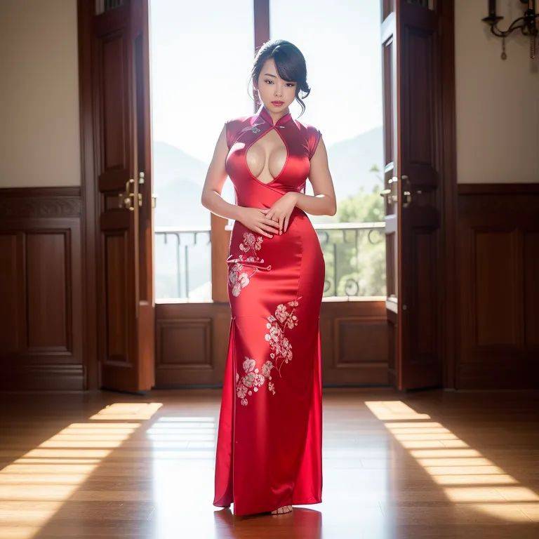 woman,twenties,(RAW photo, best quality, masterpiece:1.1), (realistic, photo-realistic:1.2), ultra-detailed, ultra high res, physically-based rendering,huge breasts,(silk),qipao, chinese clothes,standing,in front of - #main