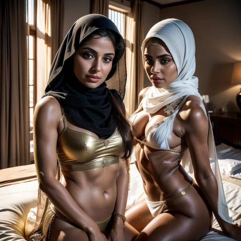 , Arabs,(2women:2),aging,(RAW photo, best quality, masterpiece:1.1), (realistic, photo-realistic:1.2), ultra-detailed, ultra high res, physically-based rendering,long hair,large forehead,brown eyes,beautiful,pouting - #main