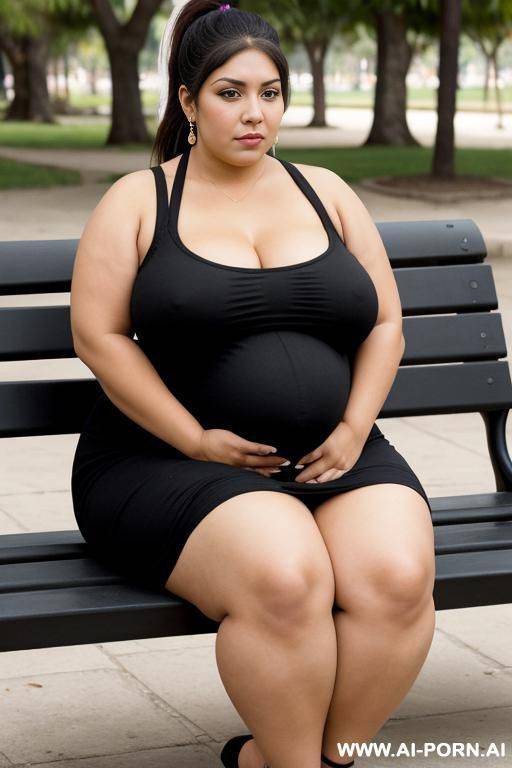 a short very fat pregnant mexican woman sitting on the bench at a park, she is wearing a black dress - #main