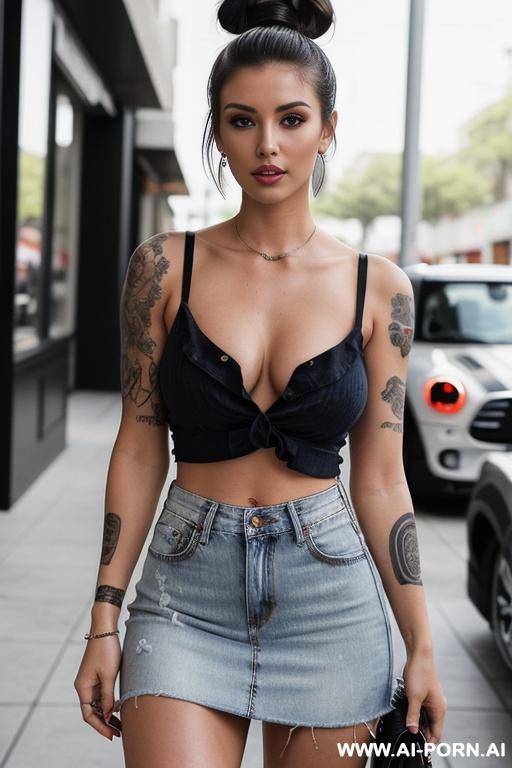 low cut shirt, ripped jeans, jeans unbuttoned, exposed panties, tits out, piercing, classy tattoos - #main