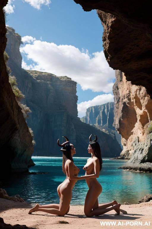 the image two female nude characters with horns, one wearing , in a setting, with a cave in the background, and one of them is standing and the other is kneeling. - #main