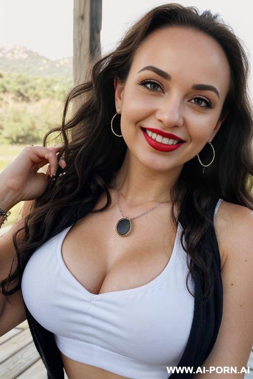 pretty face, pretty round boobs, tanned, long brown hair, tattoos, bracelets, necklace, eye contact, ((naked boobs)) - #main