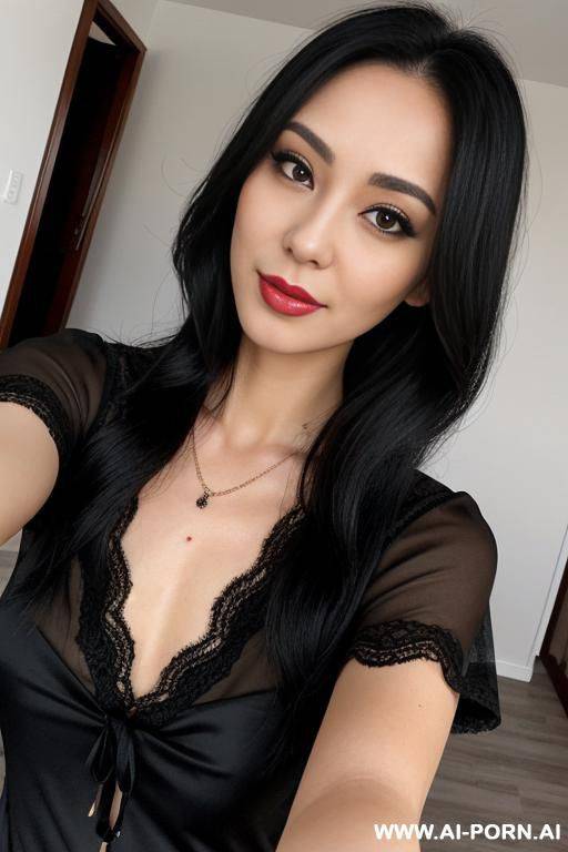 woman long hair black lace blouse selfie - #main