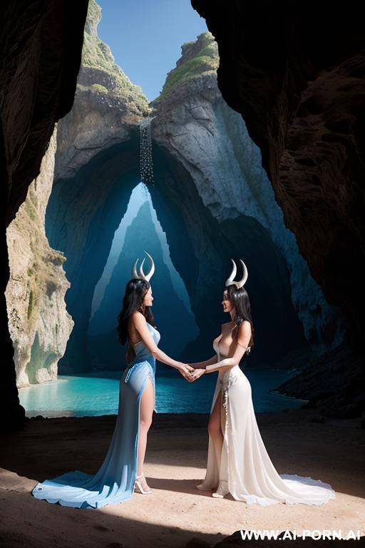 the image depicts two female nude characters with horns, one wearing a blue dress and the other in a white dress, in a fantasy setting, with a cave in the background, and one of them is standing and the other is kneeling. - #main