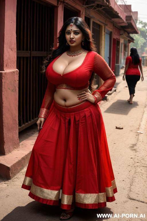 an indian women in red blouse and red petticoat, showing boobs, in indian street, big boobs, thick body, curvy body, 3 women. - #main