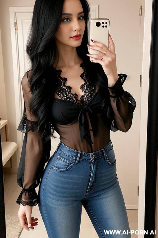 woman long hair black lace blouse jeans selfie photo in the mirror - #main