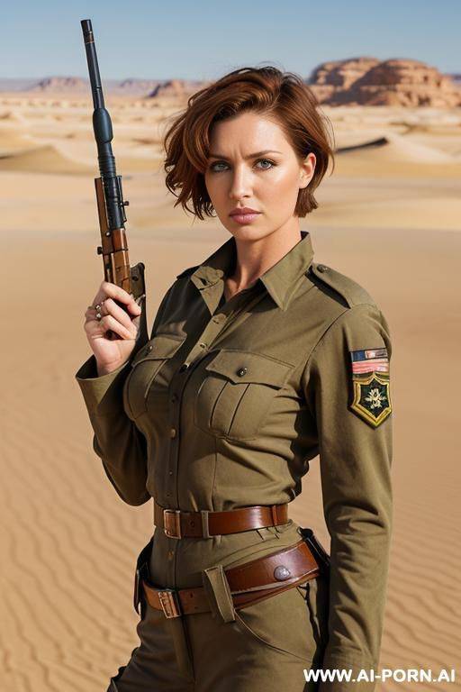 (place: desert), (clothes: ragged sand colored military uniform), (rifle in hands), (short hair), aussie - #main