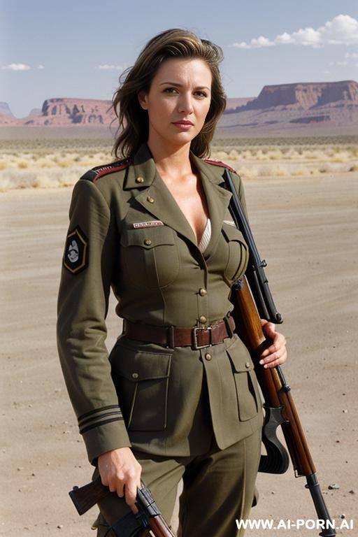 (place desert sactuary);(hair: highlights, long);(holding rifle);(clothes: ragged old military uniform);(large boobs) - #main