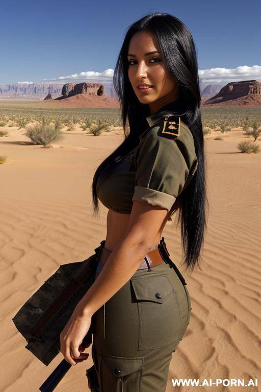 (place desert); (tanned); (large perky tits); (long black hair hanging loose around her face); (military uniform); (trifle in hands) - #main