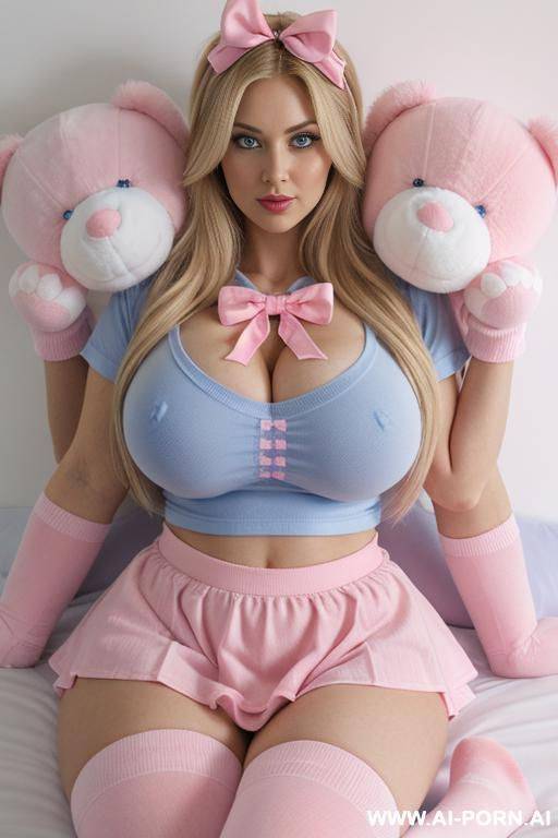 blonde woman, blue eyes, huge massive gigantic boobs, in the middle of two big pink plushie bears, tight cropped shirt, pink sailor skirt, long socks, hair ribbon, fucked missionary - #main