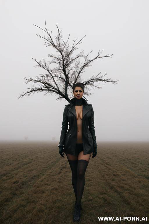 a desolate field field with nog, a cool fog in the air, fog hangs low on the branches of a tree - #main