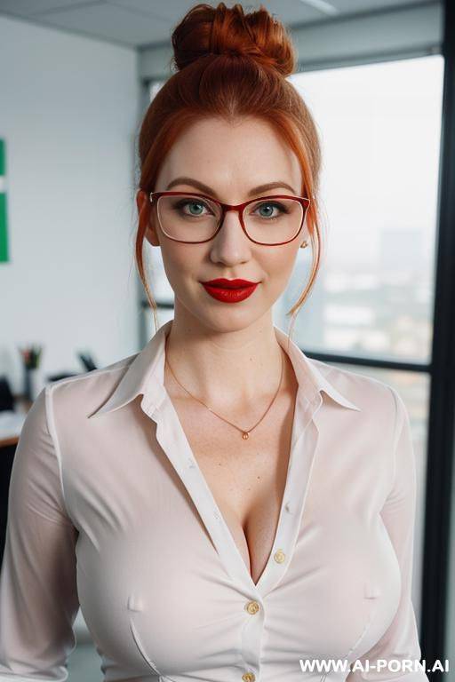 pale white, big cleavage, business glasses, thick lips, red lipstick - #main