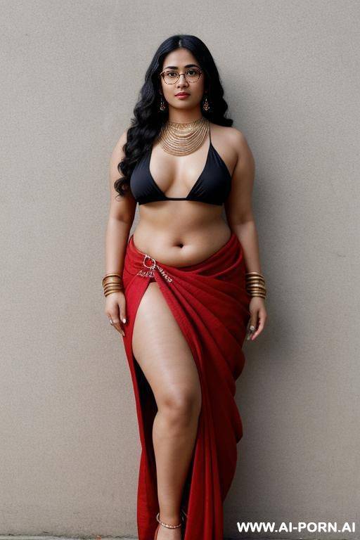 skin, , beautiful, indian woman, round glasses, round tits, red saree, chubby, full body, hip chain - #main