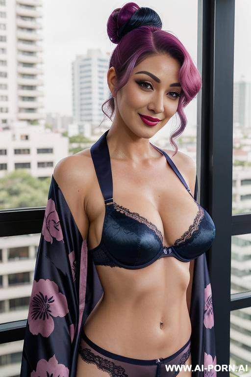 female geisha ((high muscle tone)) large perfect natural breasts, smirking, alluring facial expression, hourglass figure (( open floral silk kimono )) perfect body)) - #main