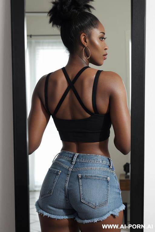 heavy black eye makeup, crop top, jean shorts, from behind, in front of mirror, face visible, ebony skin - #main