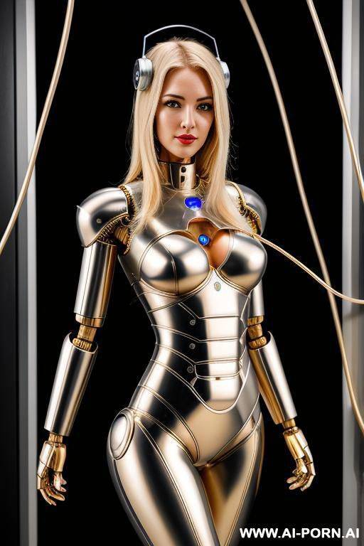 sexy blonde robot, robotic vagina, fully metallic body, wires inside the body, head connected with wires - #main