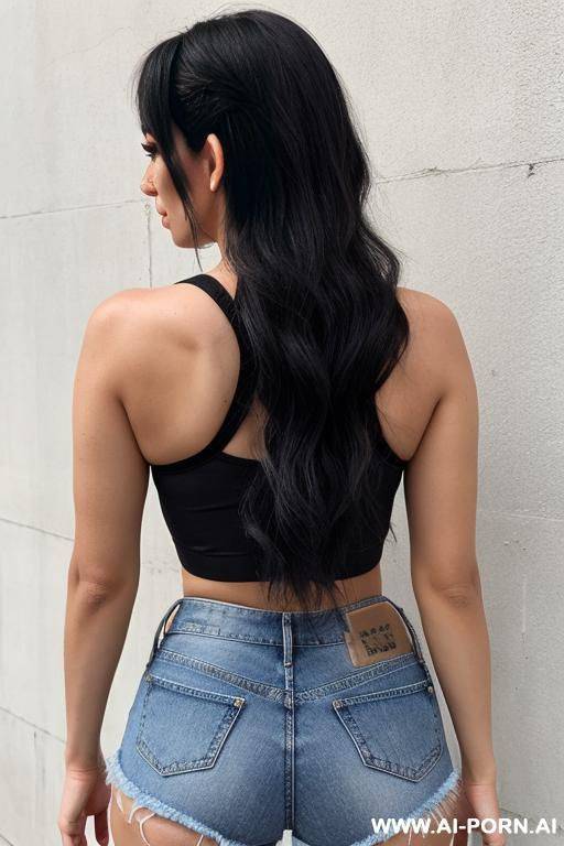 heavy black eye makeup, crop top, jean shorts, from behind - #main