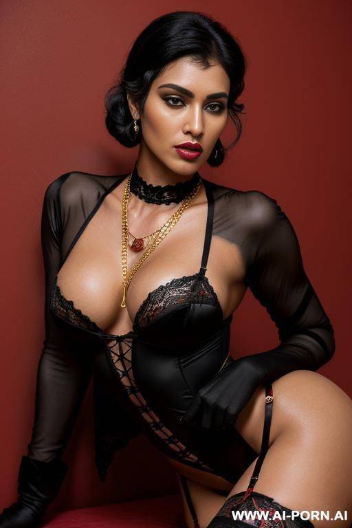 ((((masculine woman)))), ((((masculine woman)))), ((( black hair))), (((masculine woman))), (((masculine woman))), red and black lace garter belt, red lace stockings, black bodysuit, black gloves, gold key necklace - #main