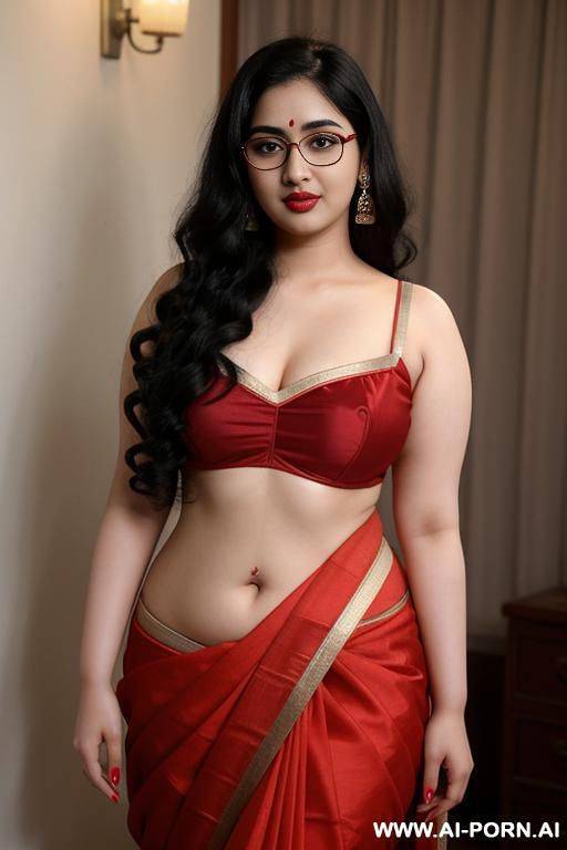 pale skin, cute, beautiful, indian woman, round glasses, round boobs, red saree, chubby - #main