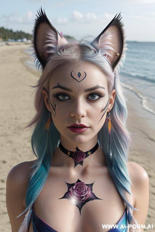 face, sexy, beautiful, ((evil woman)), ((face painting)), ((body painting)), ((bikini as seashell)), ((fantasy bikini)), ((roses)), ((eyes shw)), ((angel wings)), ((choker)), ((rainbow hair)), (( makeup)), - #main