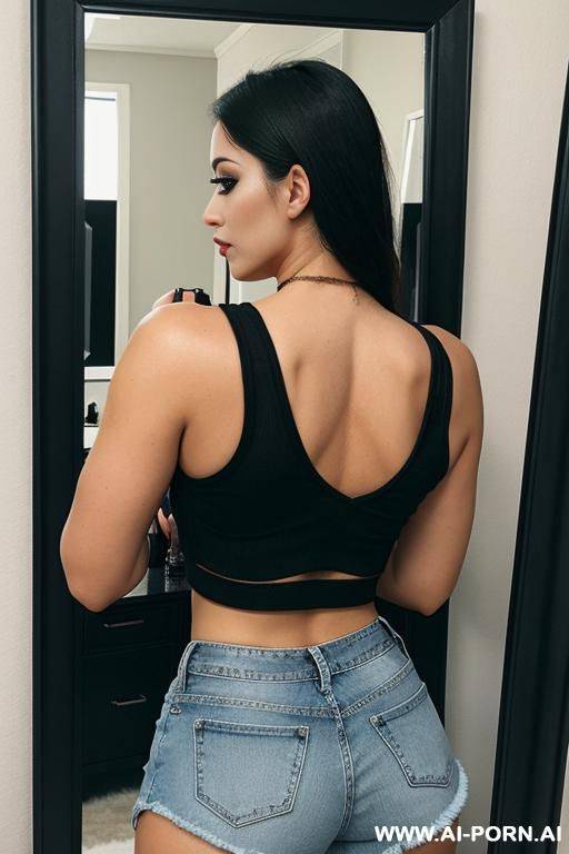 heavy black eye makeup, crop top, jean shorts, from behind, in front of mirror, face visible - #main