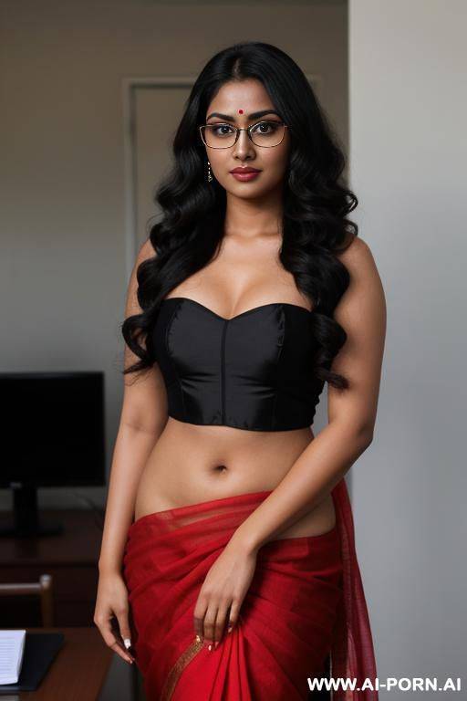 skin, , beautiful, indian woman, round glasses, round boobs, red saree, full body - #main