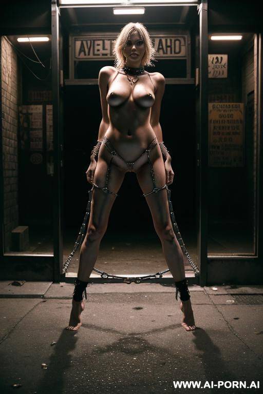 totally naked, barefoot, pussy, bondage, tied, metal restraints, chains, bars, fetters, metal collar, stand, spread wide, night, dirty street, storefront - #main