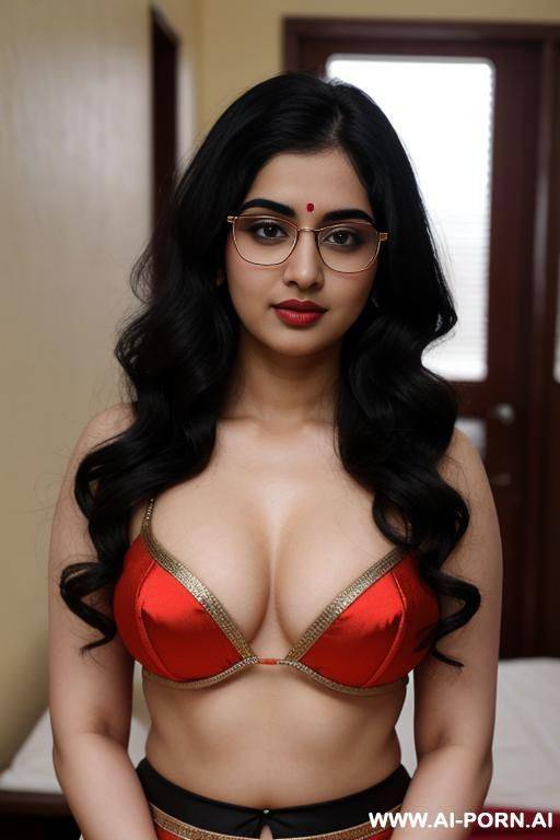 pale skin, cute, beautiful, indian woman, round glasses, round boobs, red saree, chubby, flashing navel - #main