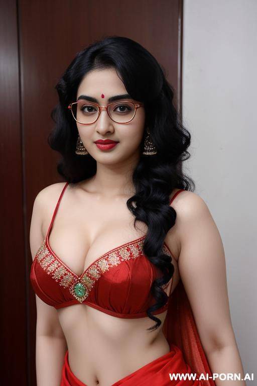 pale skin, cute, beautiful, indian woman, round glasses, round boobs, red saree - #main