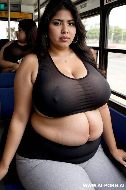 a huge mexican woman, she has a obese body, she is riding on a bus, wearing a black tank top, massive breast, very big long saggy huge hangers - #main