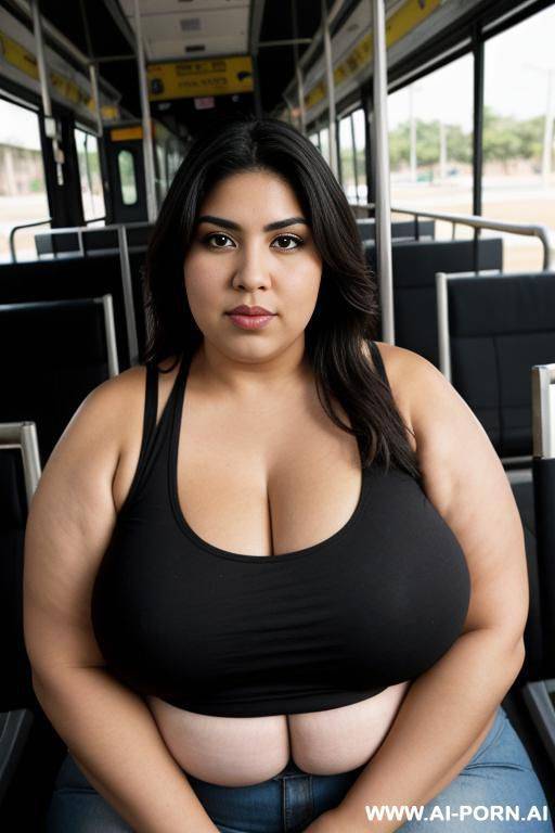 a huge mexican woman, she has a obese body, she is riding on a bus, wearing a black tank top, massive breast, very big long saggy huge hangers - #main