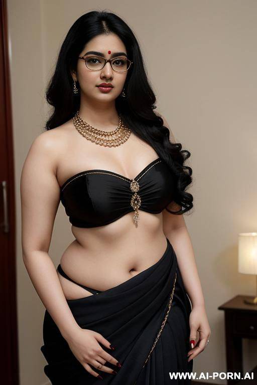 pale skin, cute, beautiful, indian woman, round glasses, round tits, red saree, chubby, full body, hip chain - #main