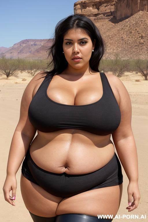 a huge mexican woman, she has a obese body, huge belly, saggy belly, wearing a black tank top, wearing black leggings, massive huge breast, very big long saggy huge breast, she is walking in the desert - #main