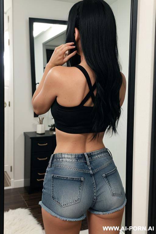 heavy black eye makeup, crop top, jean shorts, from behind, in front of mirror - #main