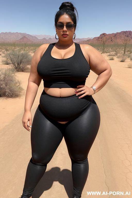 a huge mexican woman, she has a obese body, huge belly, saggy belly, wearing a black tank top, wearing black leggings, massive huge breast, very big long saggy huge breast, she is walking in the desert - #main