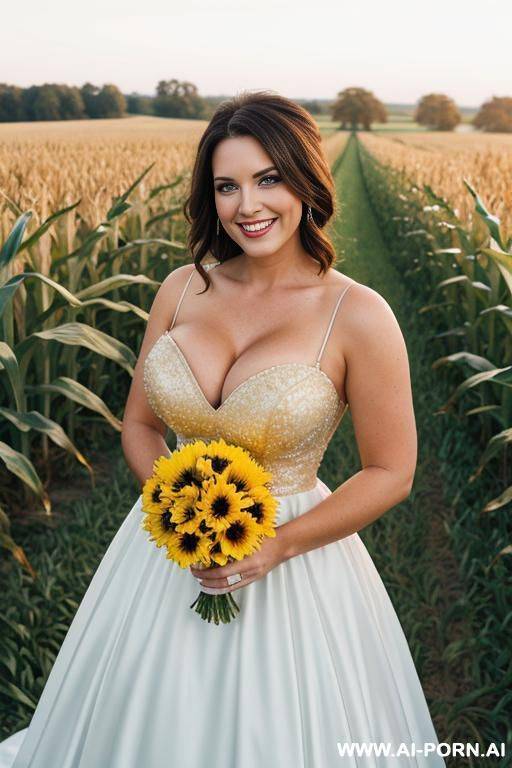 short large breasted southern belle smiling wearing a ball gown showing cleavage standing in a cornfield - #main