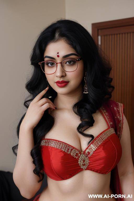 pale skin, cute, beautiful, indian woman, round glasses, round boobs, red saree, chubby, flashing navel, full body - #main